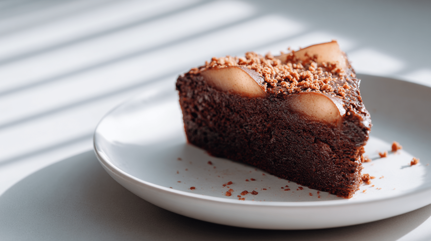 part de gâteau poire chocolat, base cacao, dessus pralin croustillant, texture moelleuse