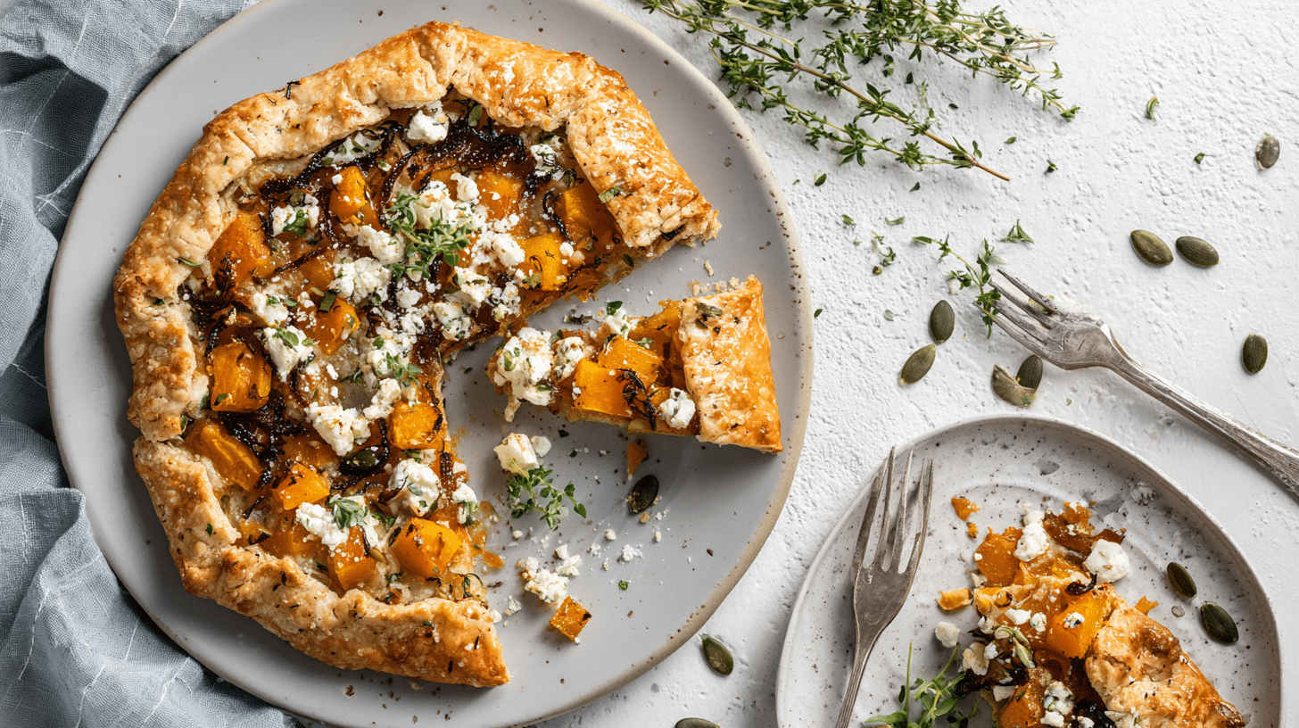 tarte rustique butternut oignons caramélisés feta, vue du dessus, part servie