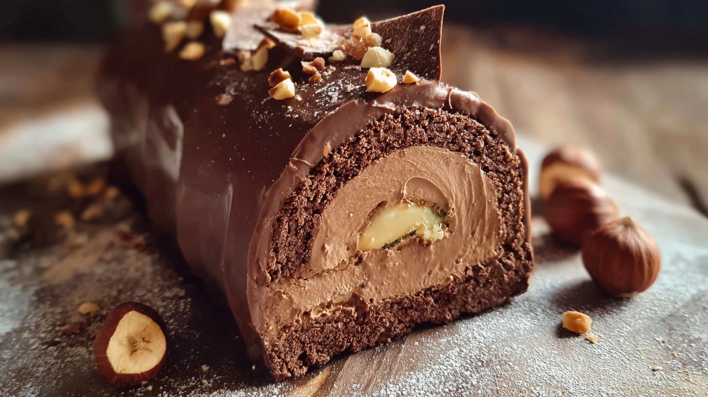 Bûche de Noël chocolat au lait, noisette et vanille