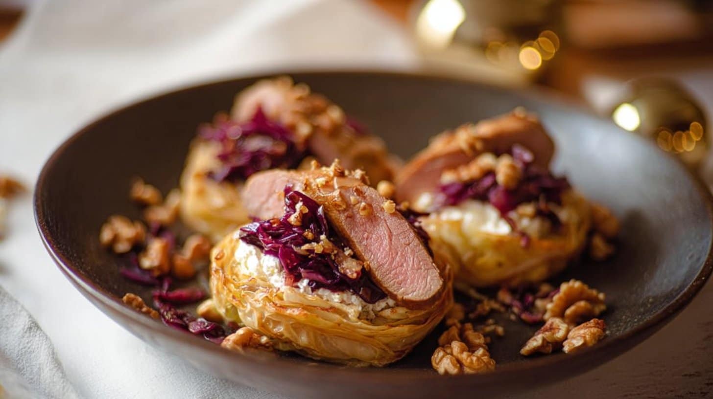 Chou salé au magret de canard, confit d’oignon et noix