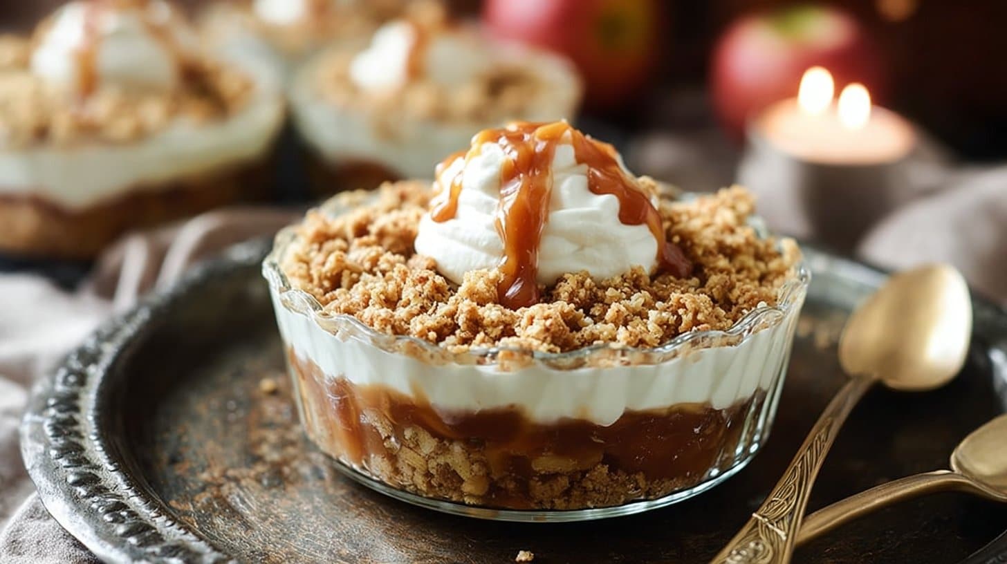 Crumble aux pommes avec crème fouettée et caramel