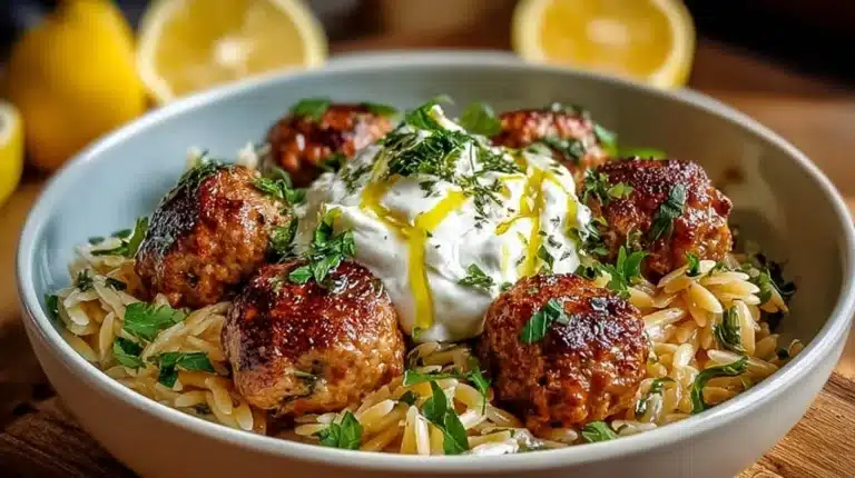 Boulettes grecques servies avec orzo citronné et crème de feta
