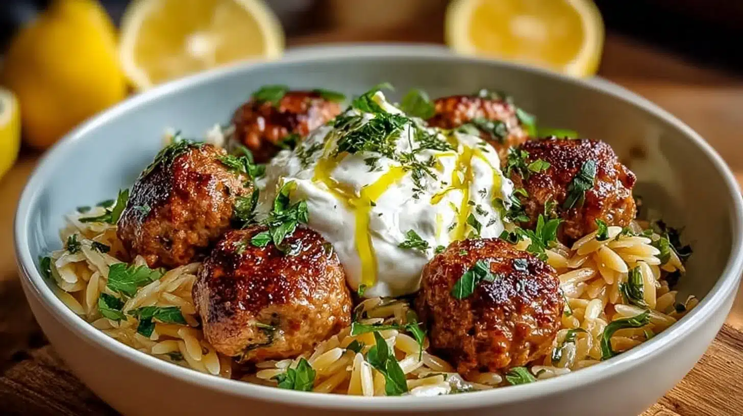 Boulettes Grecques & Orzo Citronné avec Crème de Feta : Un Dîner Élégant et Réconfortant