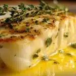 Cabillaud au four préparé avec moutarde et crème citronnée, plat appétissant et savoureux.