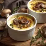 Crèmes brûlées aux champignons et parmesan gratiné, présentation gourmande