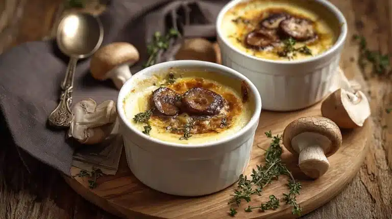 Crèmes brûlées aux champignons et parmesan gratiné, présentation gourmande