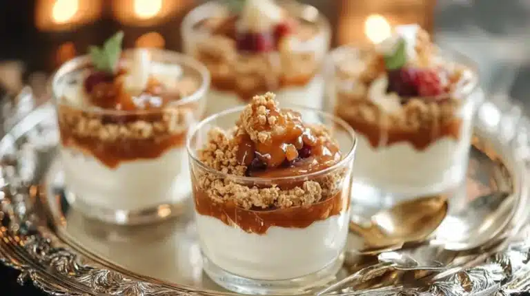 Crumble aux pommes avec crème fouettée et sauce caramel dans un plat savoureux