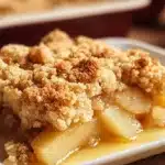 Crumble aux pommes maison prêt à être dégusté, avec une croûte dorée et des pommes savoureuses.