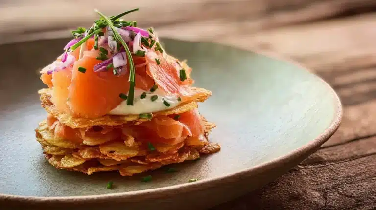 Feuilleté au saumon fumé avec crème ricotta, plat savoureux et élégant.