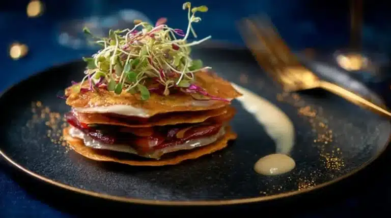 Mille-feuilles de magret aux cèpes, crousti-fondants sur une assiette élégante