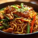 Nouilles sautées au poulet caramélisé avec légumes colorés