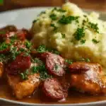 Poulet Fondant au Chorizo servi avec des légumes colorés et une sauce crémeuse.