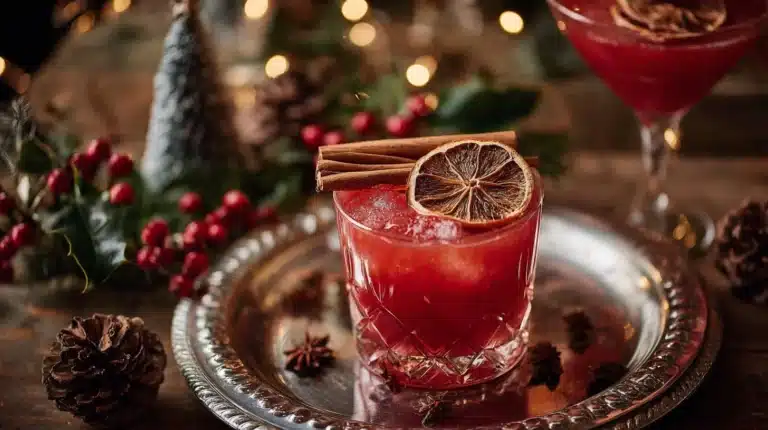 Punch de Noël à la clémentine et cranberry dans un verre festif.