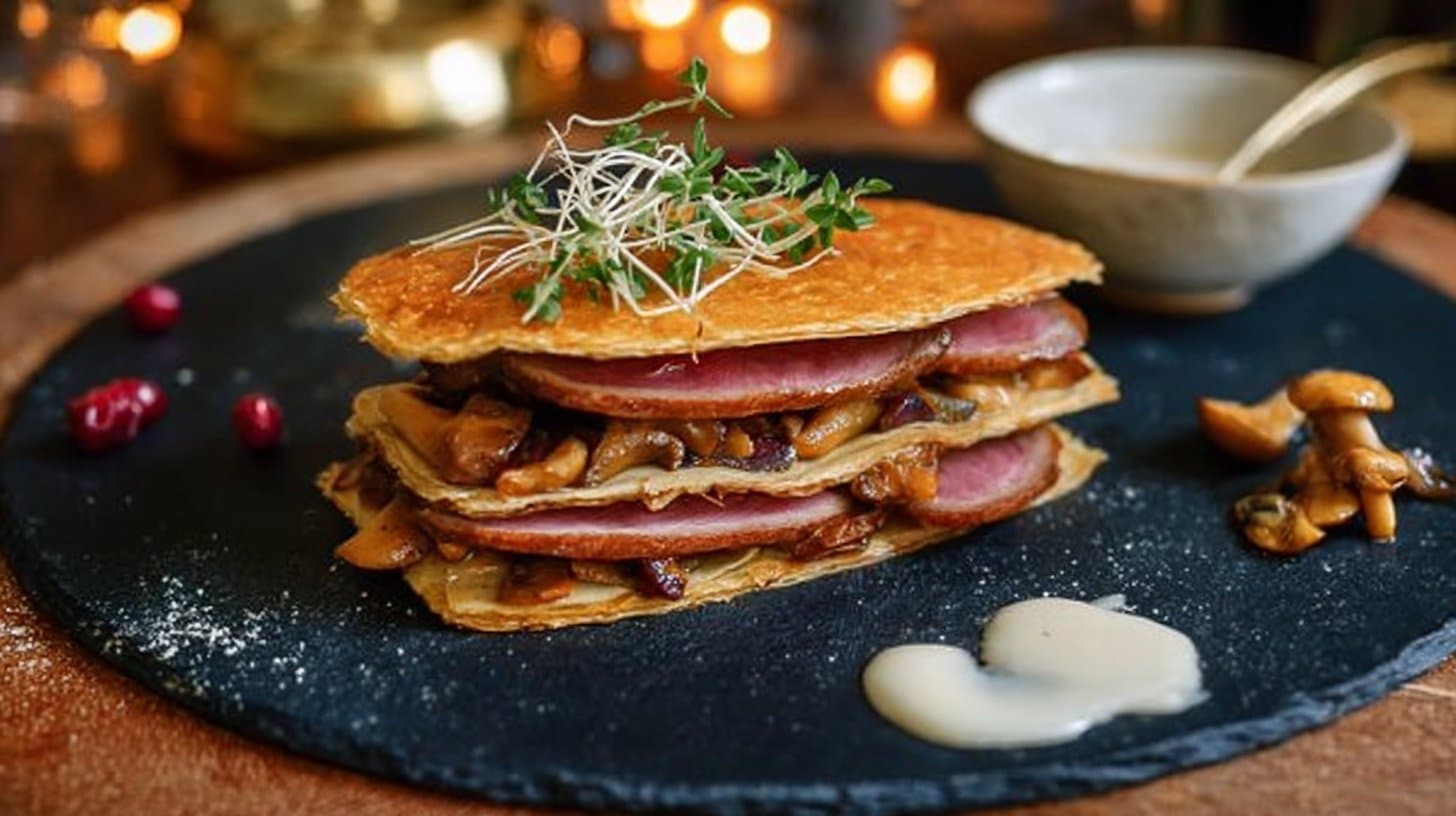 Mille-feuilles de magret aux cèpes, crousti-fondants