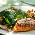 Salade d'épinards au foie gras poêlé, assiette appétissante et élégante.