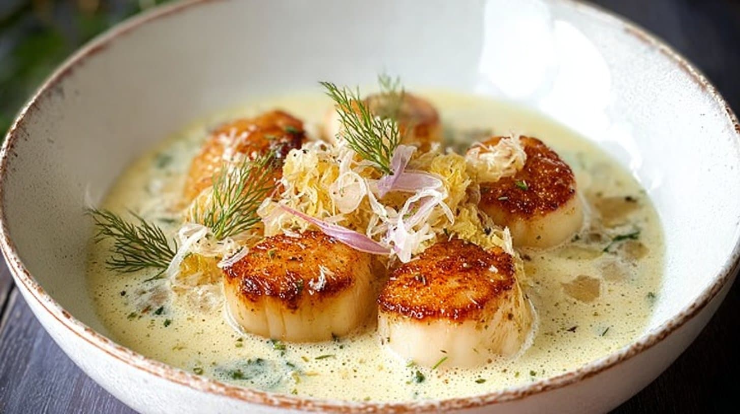 Saint-Jacques poêlées, fenouil et crème au gruyère