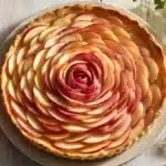 Tarte aux pommes rosace délicieusement cuite, garnie de pommes fruitées en spirale.