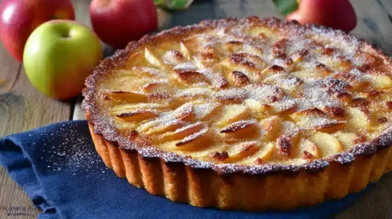 Tarte Normande aux Pommes garnie de pommes fraîches et de crème.