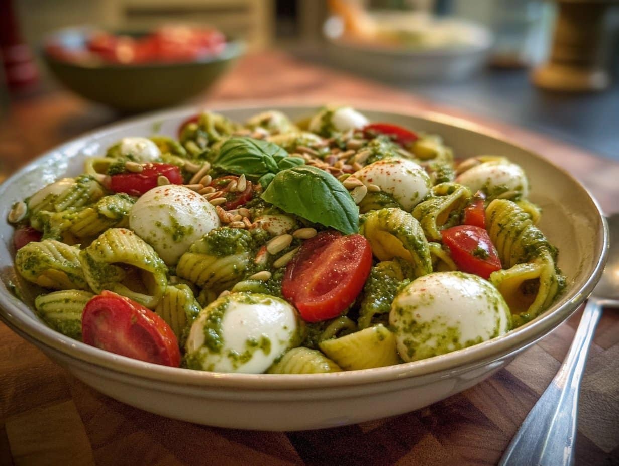 Salade de pâtes au pesto et mozzarella