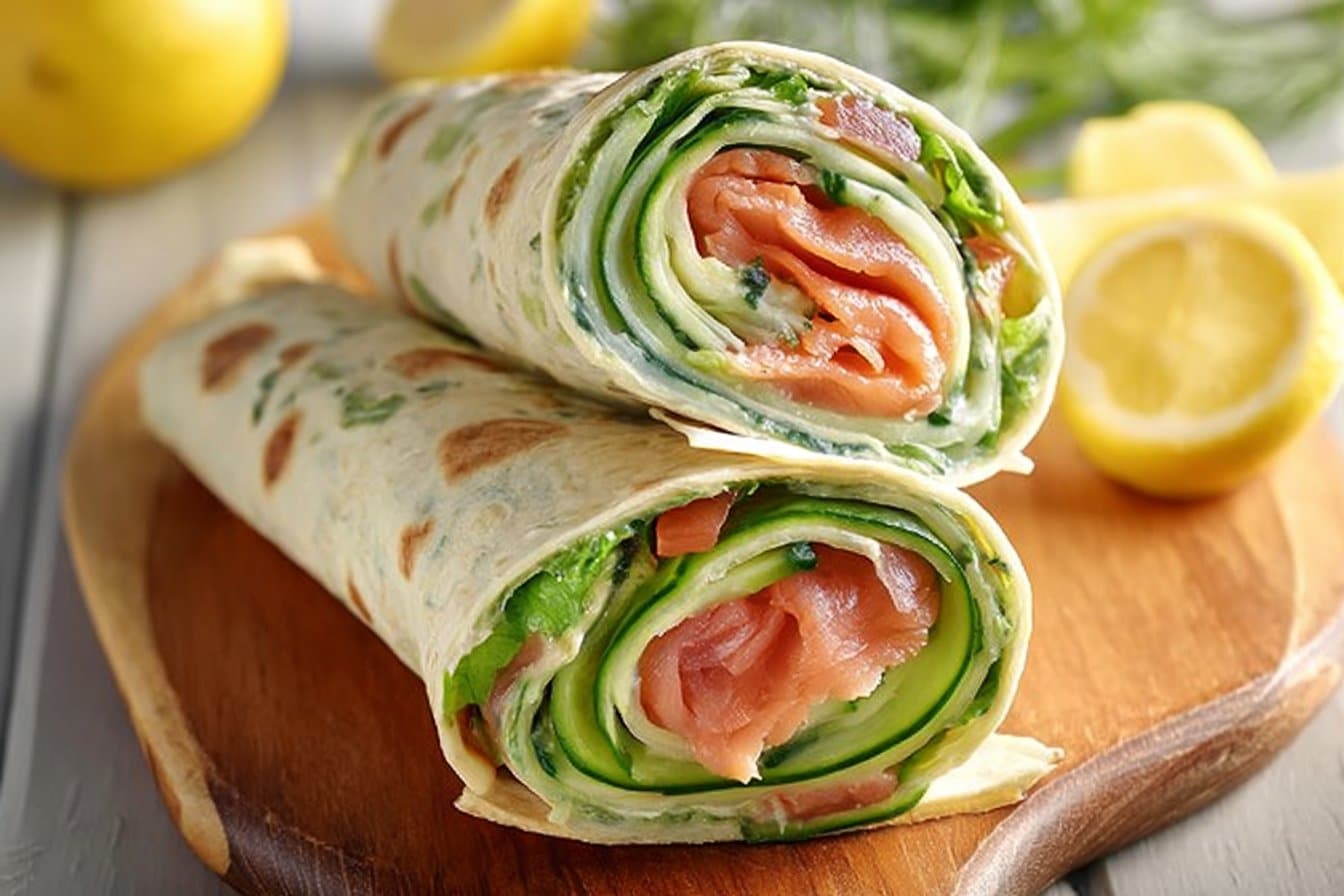 Wraps with smoked salmon, cream cheese, and cucumber