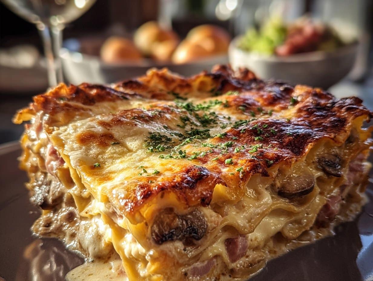 Lasagnes aux champignons, jambon et fromage