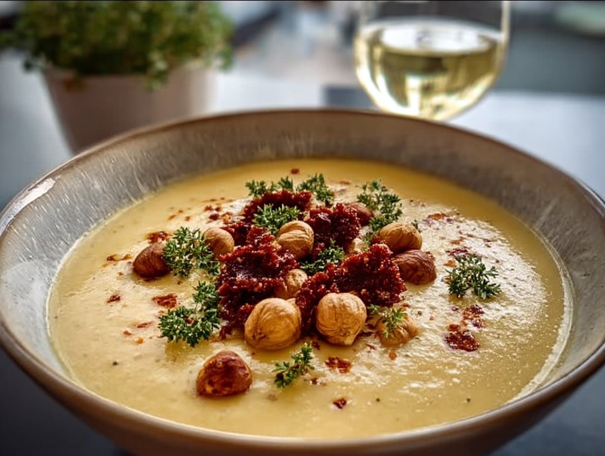 Velouté de chou-fleur au chorizo et aux noisettes torréfiées