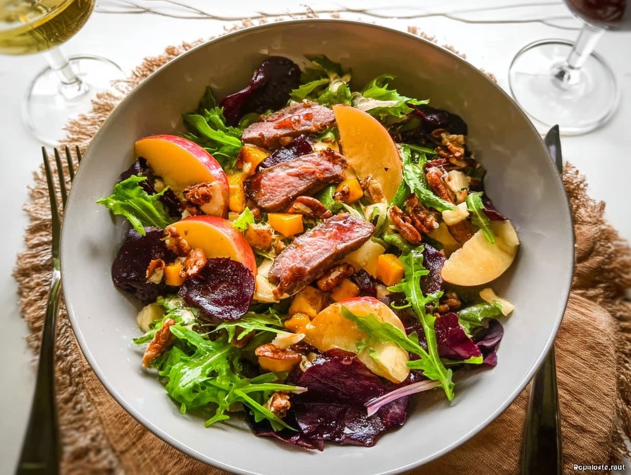 Salad with dried duck breast and autumn fruits