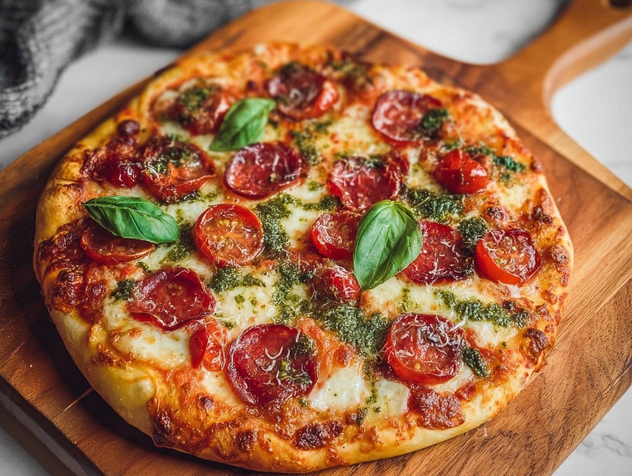 Pizza au pepperoni et burrata avec pesto