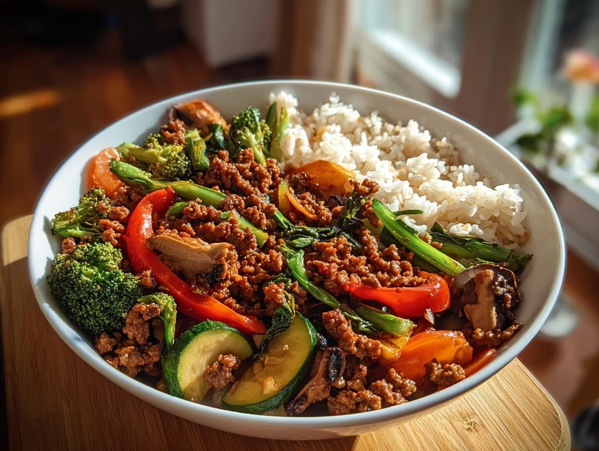 Bol de sauté de boeuf haché épicé avec légumes à l'ail et riz vapeur