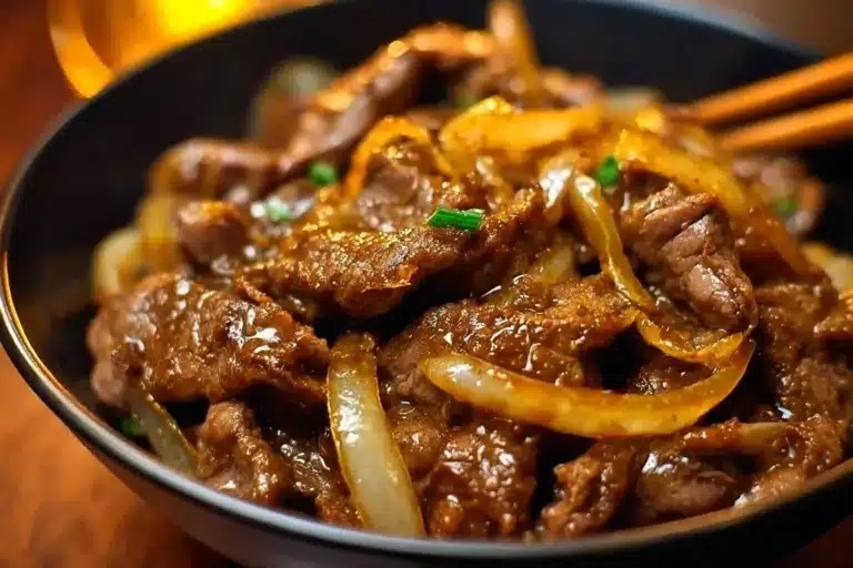 Plat savoureux de bœuf sauté aux oignons, prêt à être dégusté.