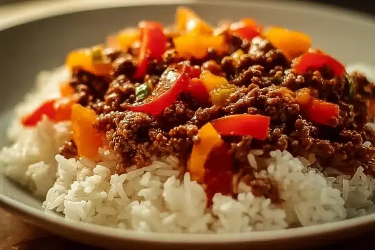 Bol de Boeuf Poivron Riz savoureux et coloré prêt à être dégusté.