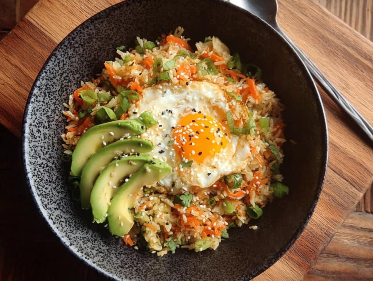 RIZ SAUTÉ À L'AIL ET CAROTTE, AVOCAT ET ŒUF 🥑