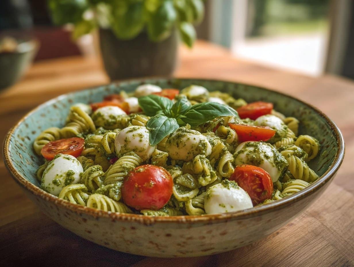 Salade de pâtes au pesto et mozzarella