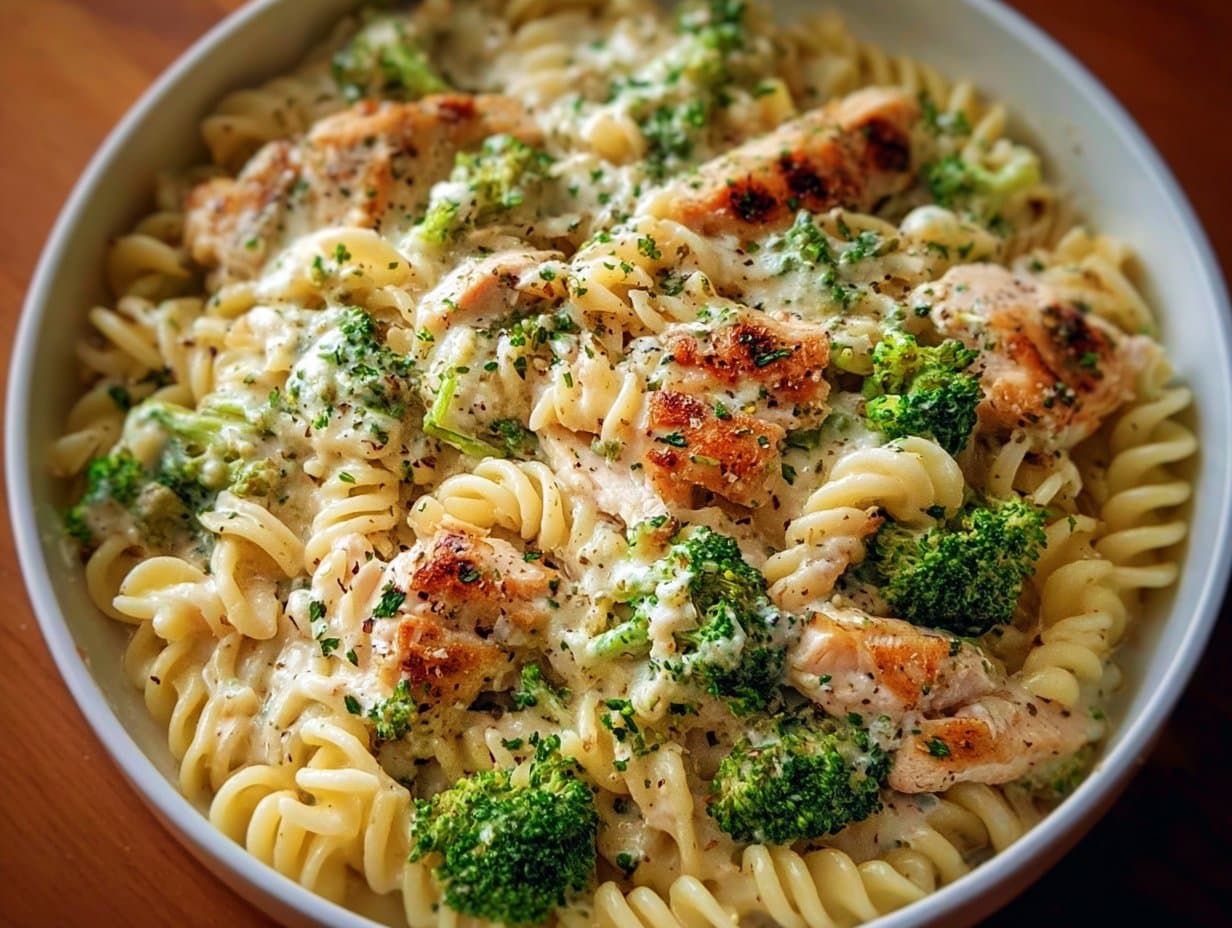 Pâtes crémeuses au poulet rôti et brocoli