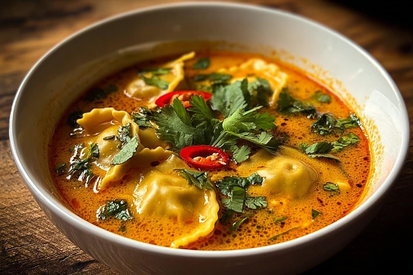 Soupe Thaï au Curry et Raviolis à la Noix de Coco