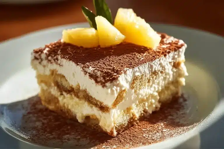 Tiramisu Coco Ananas, un dessert crémeux avec de la noix de coco et de l'ananas.
