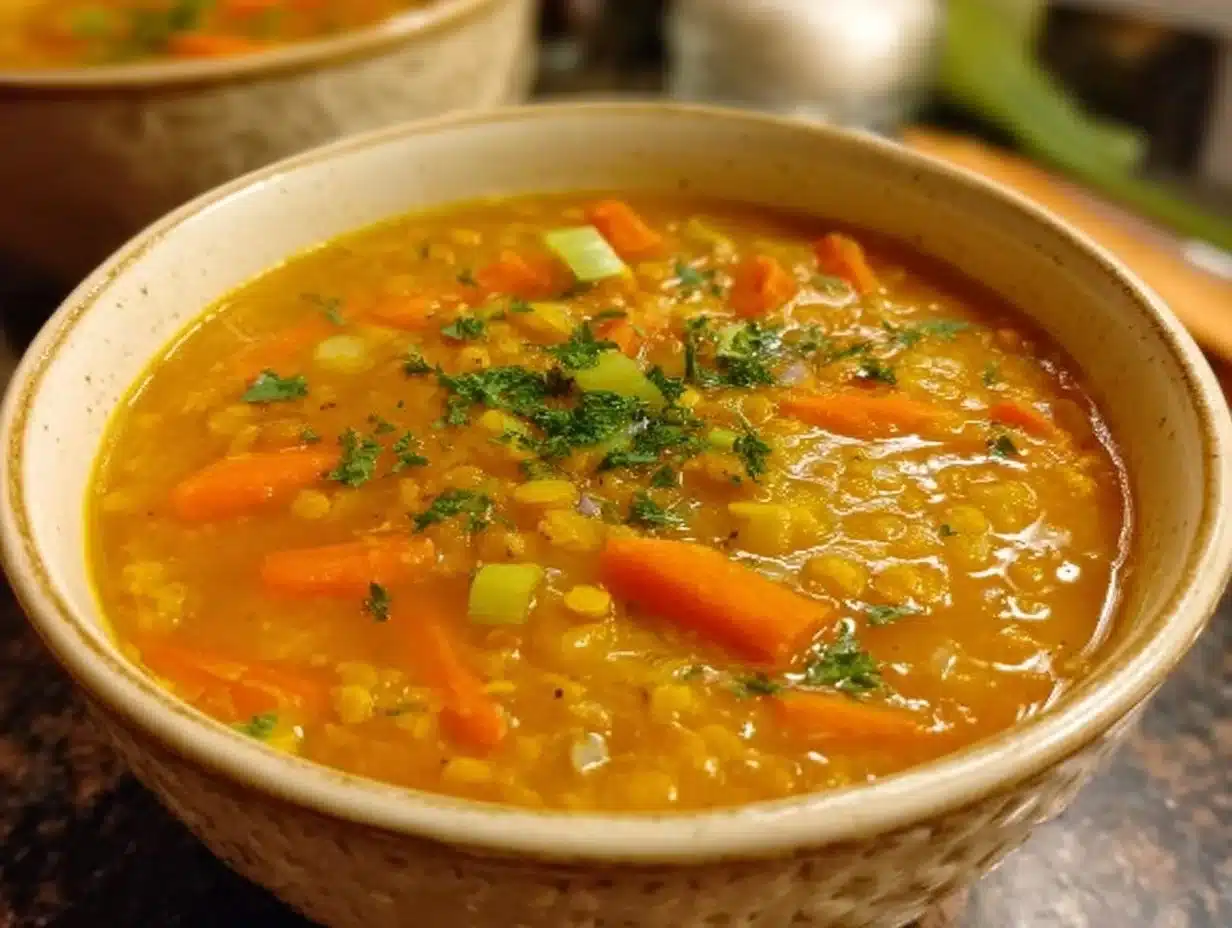 Soupe de lentilles corail, carottes et poireaux