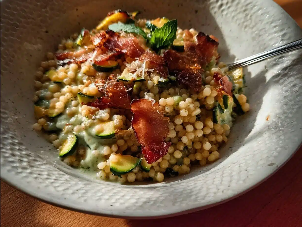 Couscous perlé, crème de courgette et guanciale