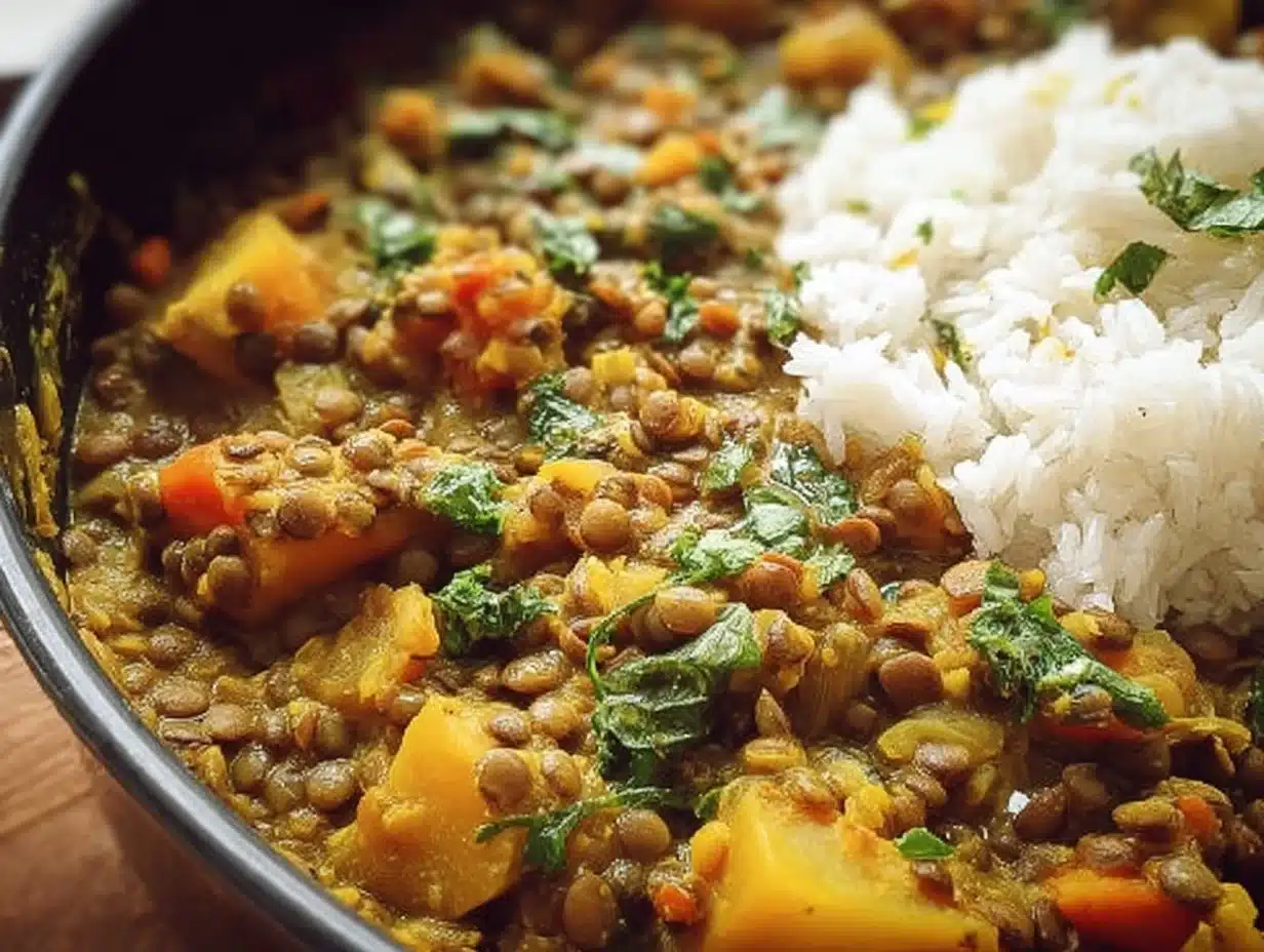 Curry with green lentils and vegetables