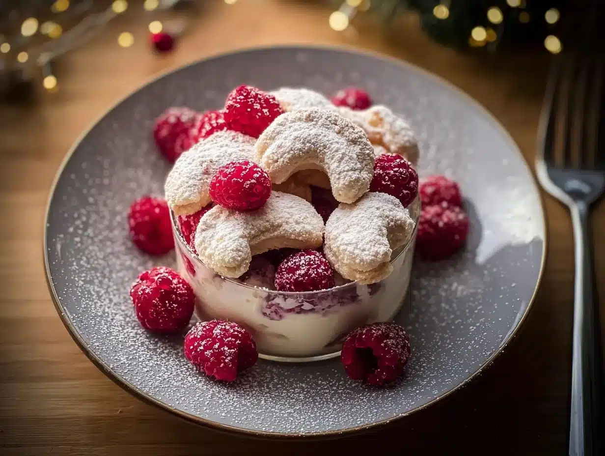 Dessert Vanillekipferl crémeux avec framboises