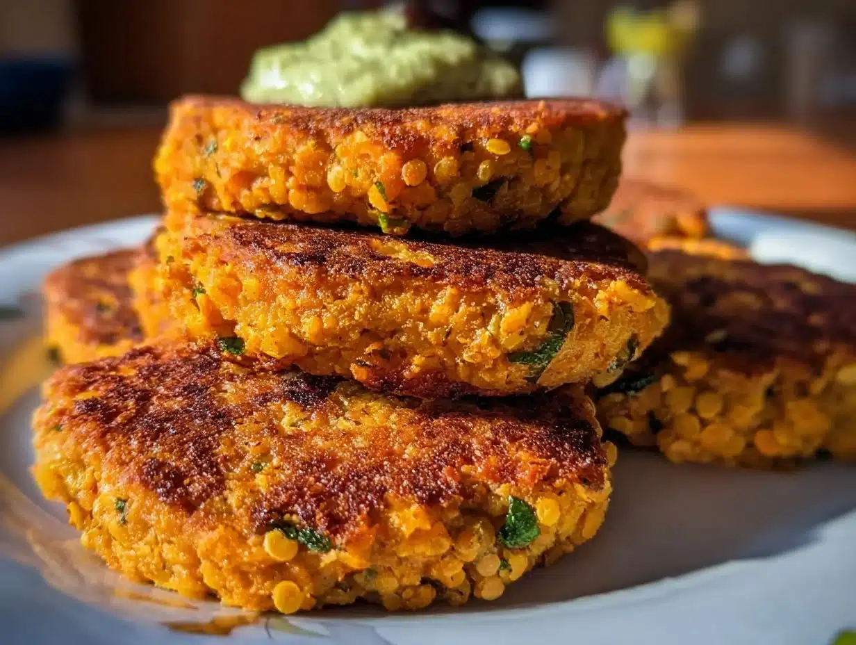 Crispy sweet potato cakes and red lentils