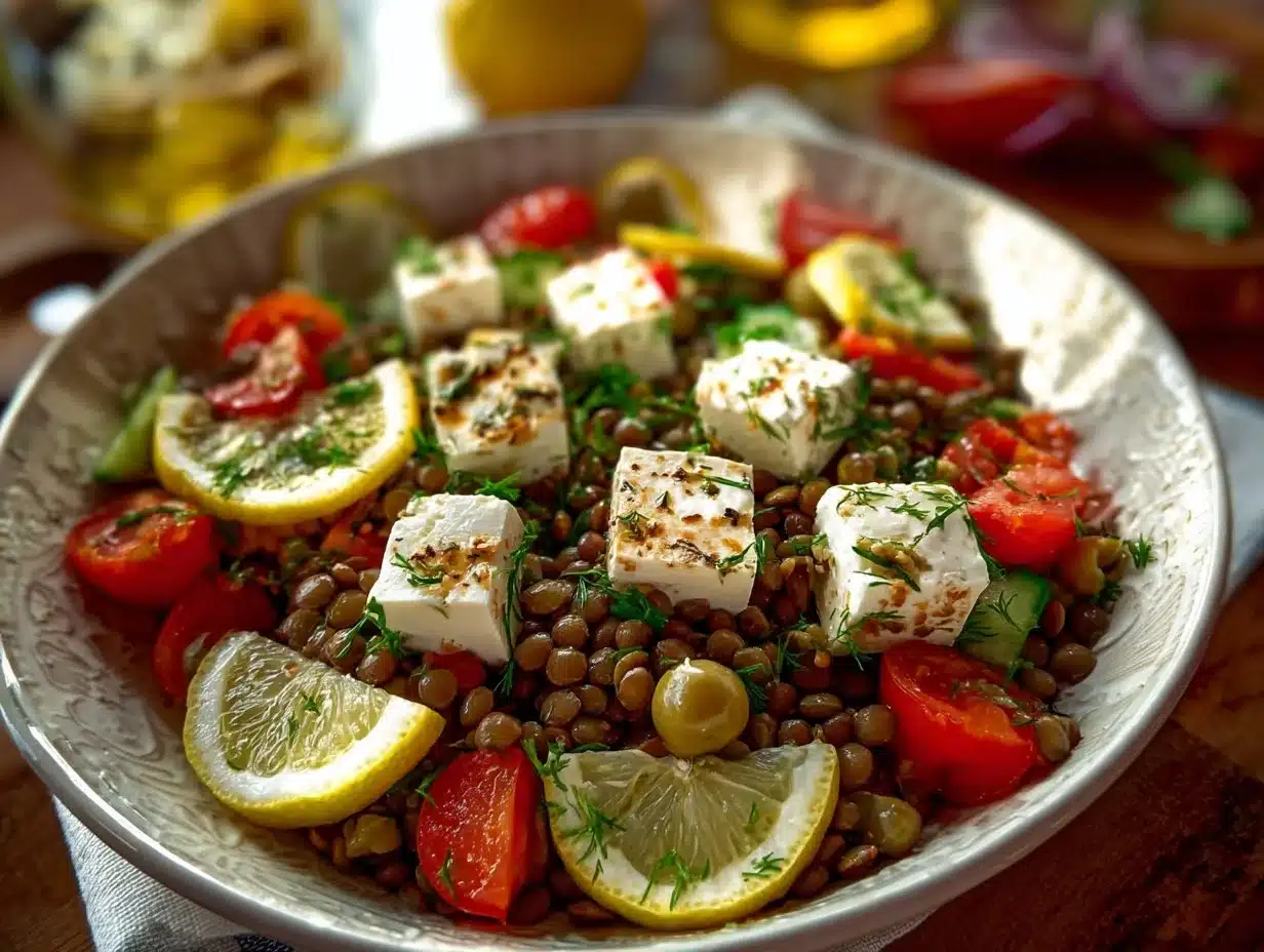 Salade de lentilles et feta marinée