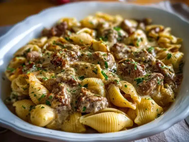 Pâtes coquilles au bœuf crémeux, un plat savoureux et réconfortant.
