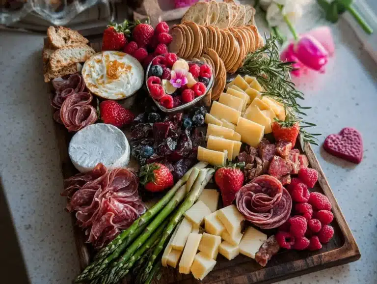 Plateau de charcuterie festif pour la Saint-Valentin avec fromages et charcuteries