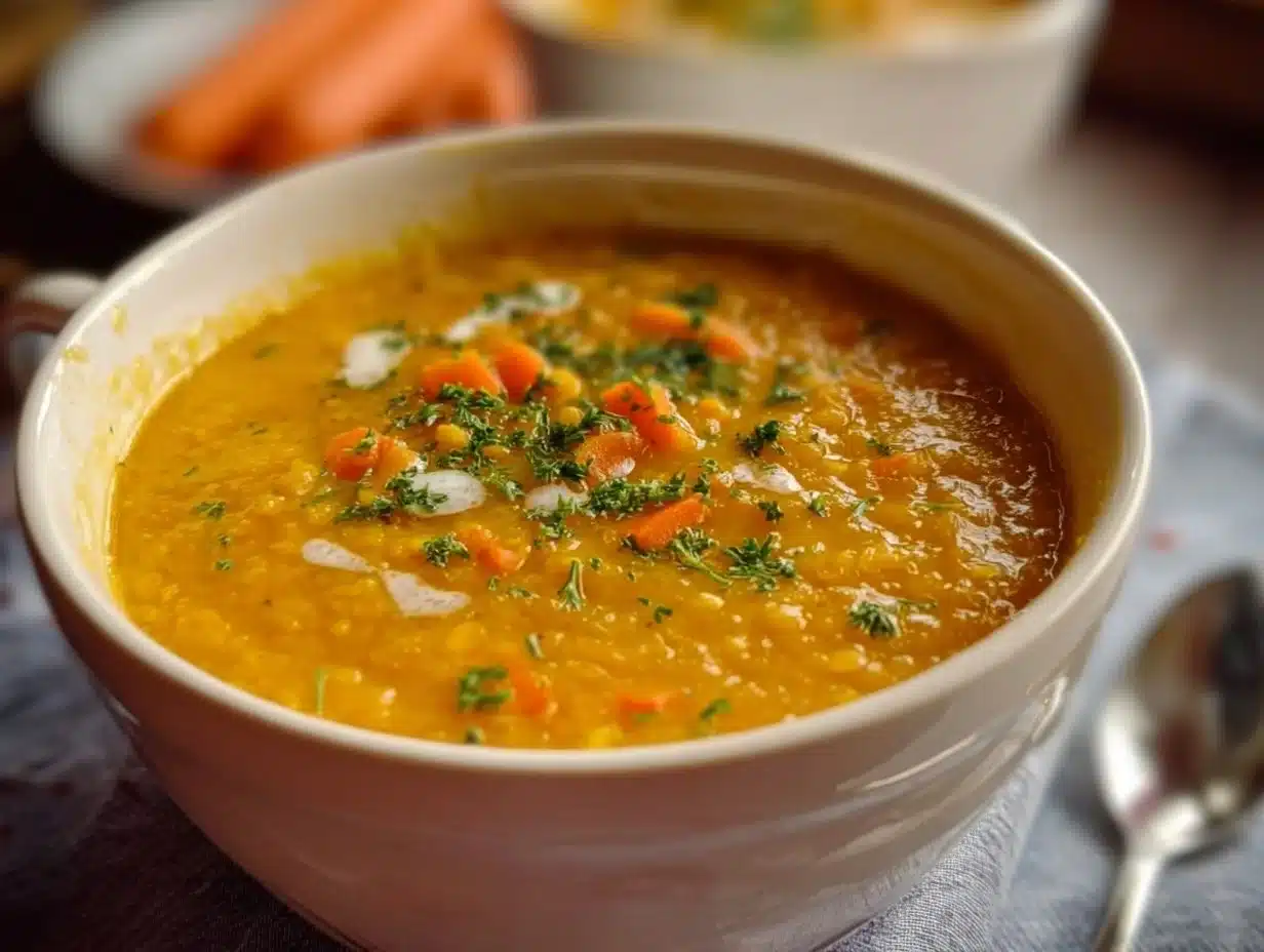 Soupe de lentilles corail, carottes et poireaux