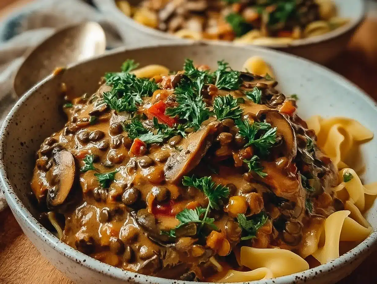 Stroganoff de lentilles et champignons végan crémeux