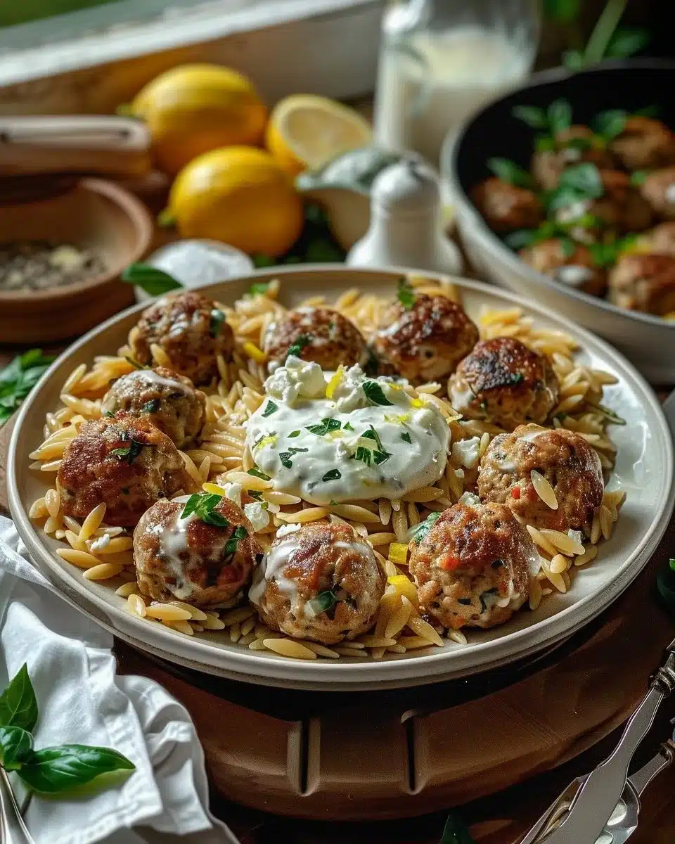 Boulettes avec orzo et crème de feta