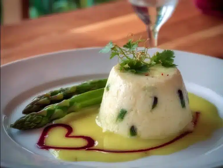 Blanc Manger et Cœur Coulant sur Crème d'Asperges, dessert gourmet