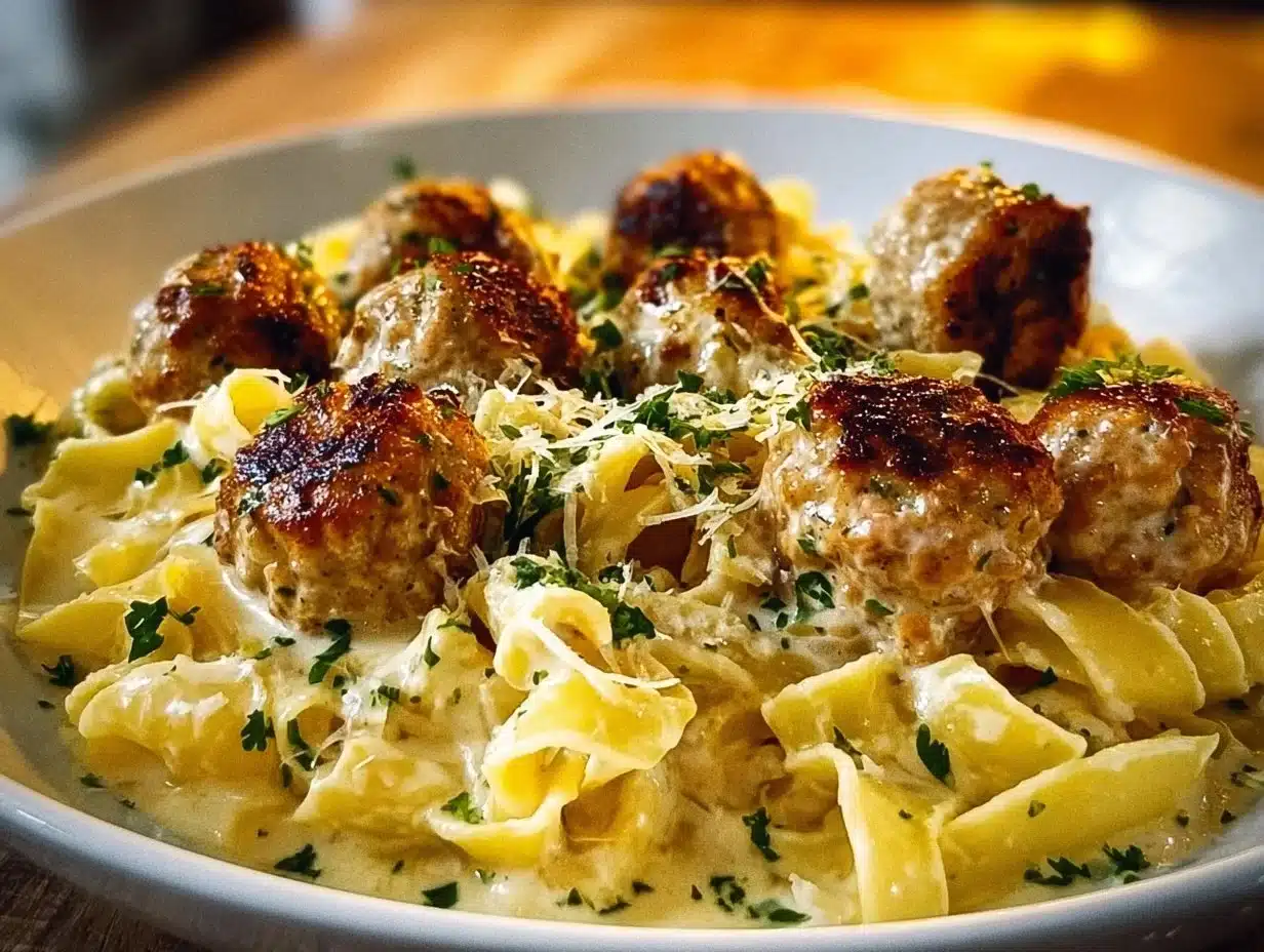 Boulettes de poulet à l'ail et au beurre avec des pâtes crémeuses au parmesan