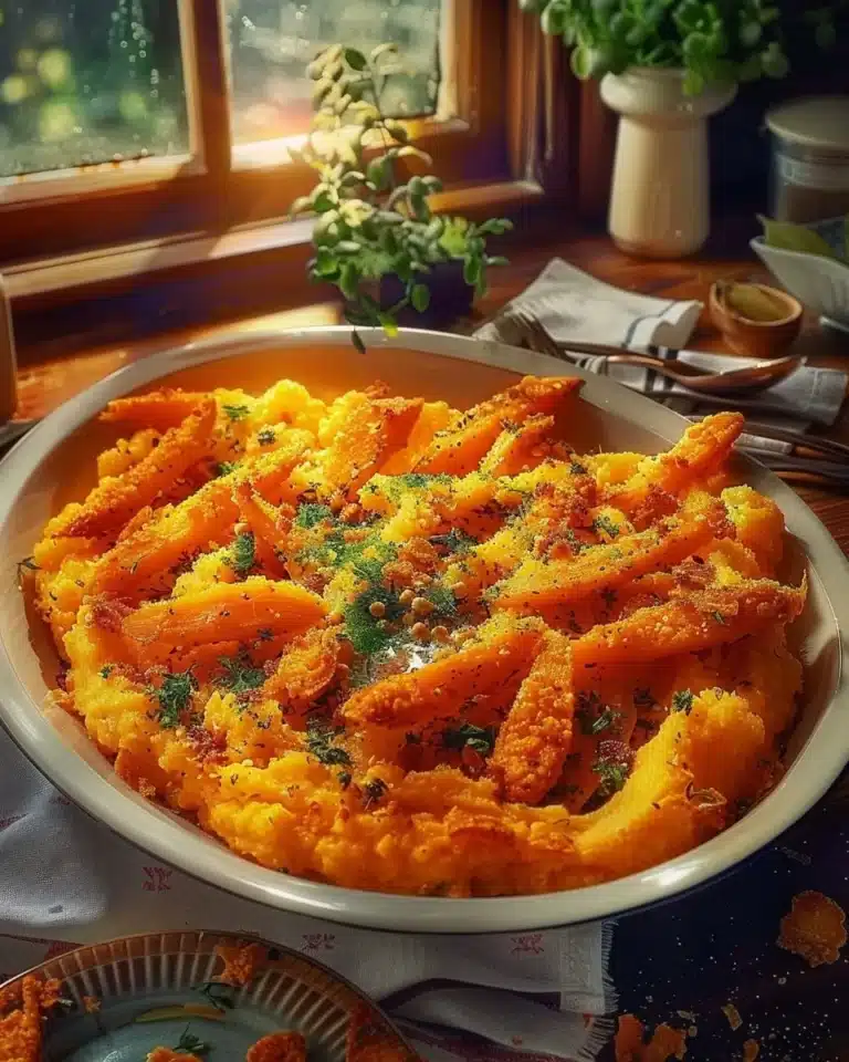 Plat de Carottes Écrasées Croustillantes garnies d'herbes fraîches